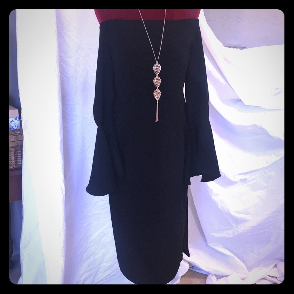 Black off-shoulder midi cocktail dress